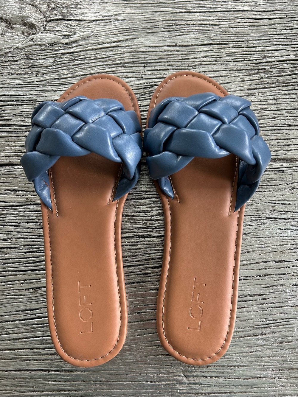 LOFT Braided Slide Sandals in Navy Blue with Tan Footbed